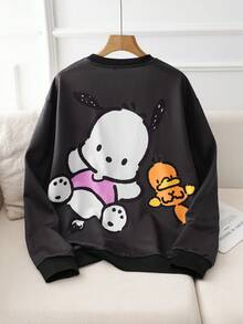 HELLO KITTY AND FRIENDS | SHEIN 男士休闲可爱卡通图案圆领卫衣，秋季款，长袖上衣 - 黑色 - 查看 1