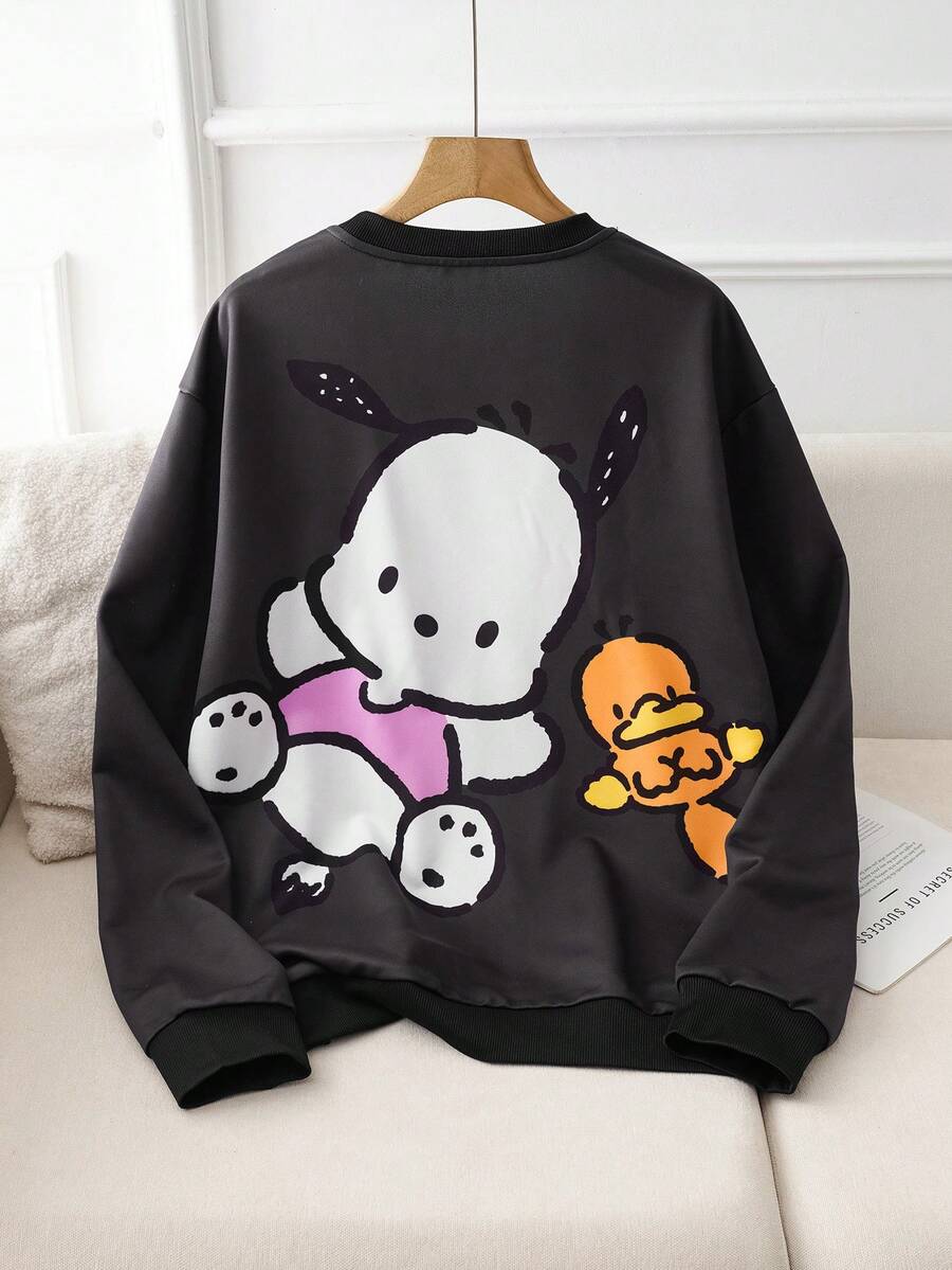 HELLO KITTY AND FRIENDS | SHEIN 男士休闲可爱卡通图案圆领卫衣，秋季款，长袖上衣 - 黑色 - 查看 1