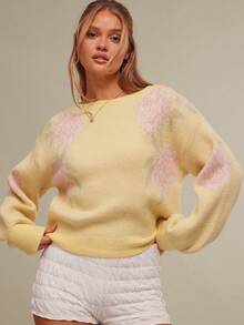 WESTFADE 春季西部牛仔女花提花船领长袖针织毛衣 - 黃色 - 查看 2