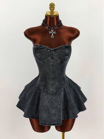 Amplova Vestido corto de mezclilla tipo bandeau minimalista para mujer, para uso diario casual