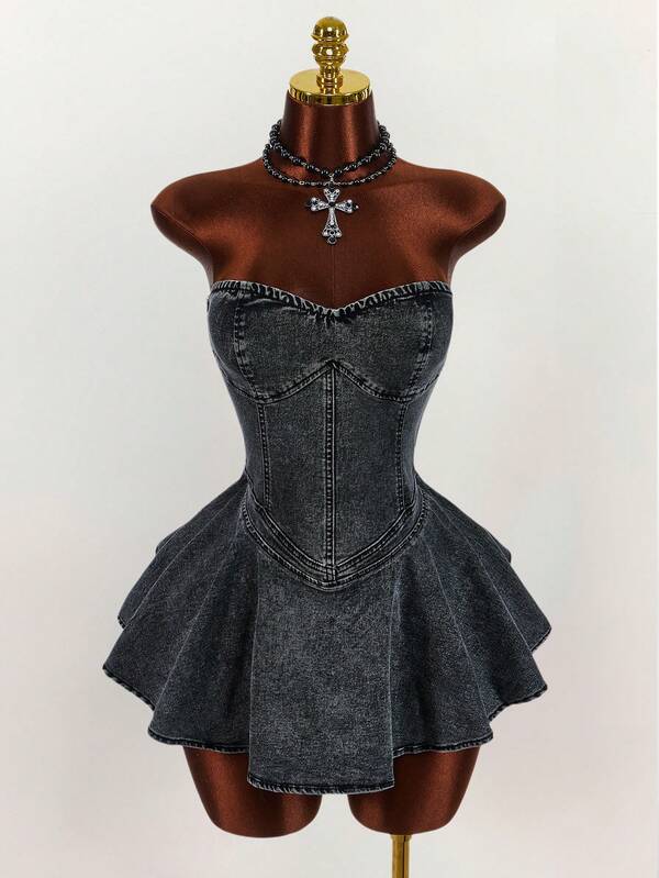 Amplova Vestido corto de mezclilla tipo bandeau minimalista para mujer, para uso diario casual