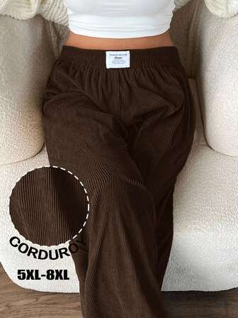 SHEIN CURVE+ Plusstorlekar dambyxor i manchestertyg med hög midja, lösa byxor, fickor och lappdesign, lämpliga för campus, vardagskläder, inomhusarbete, höst/vinter