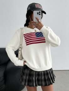 SHEIN V 领宽松五角星花卉套头衫，适合少女，宽松休闲国旗图案长袖毛衣，米色、蓝色、红色、白色，适合新年前夜保暖、时尚街头风格、休闲运动、英语图案毛衣，适合少女，休闲、百搭、宽松、返校、运动、学院、秋冬复古毛衣 - 杏色 - 查看 3
