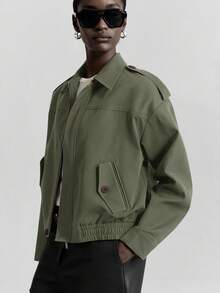 Ontre Women's Loose Short Jacket, Urban Chic, Commuting, Business Casual, Autumn/Winter - Army Green - View 4