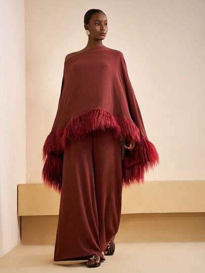 Zivah 2025秋冬新款音乐节、复活节、圣帕特里克节、西部风、游牧风、生日派对、毕业典礼、学院风、学生装、日常穿着、百搭基础款、休闲装、度假、邮轮旅行、海滩、Shing、爆款、街头风、婚礼宾客波西米亚风、通勤、早午餐、机场、Y2K、复古乡村风宽松不对称肩长袖羽毛拼接衬衫搭配带口袋阔腿裤两件套，棕色-B