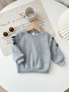 SHEIN Babygirl 可爱休闲百搭灰色针织蝴蝶结长袖运动衫