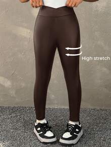 Coolane Kids Tween Girls' Winter Thermal Lined Faux Leather Leggings,Christmas,New Year,Thanksgiving ,Chic,Brown - Coffee Brown - View 3