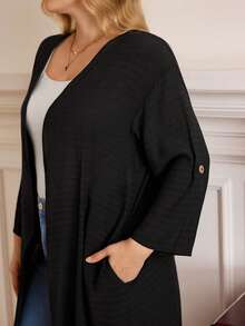 Rosumi Plus Size Women Black Color Roll Up Sleeve Casual Long Jacket Holiday Outfits Boho,Autumn,Fall Women's Clothes,Fall Clothes,Country Concert Clothing Outfits,Fall Women Clothes Winter