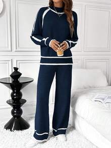 SHEIN LUNE Bộ 2 áo len màu tương phản rộng rãi thoải mái cho nữ - Màu xanh hải quân - Xem 4