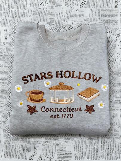 INAWLY 星空镂空仿刺绣效果图案卫衣，舒适秋季圆领卫衣，咖啡书迷礼物，舒适季节卫衣