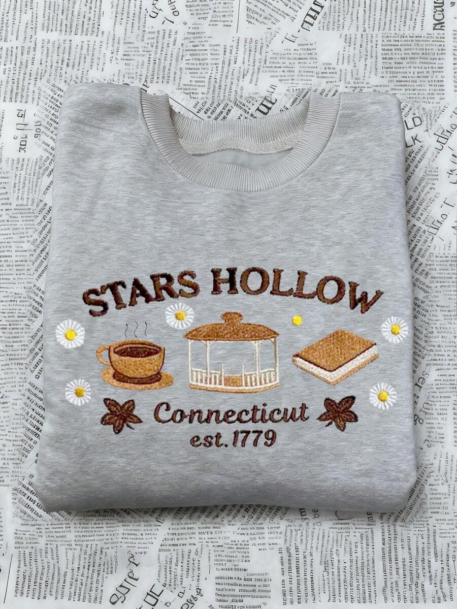 INAWLY 星空镂空仿刺绣效果图案卫衣，舒适秋季圆领卫衣，咖啡书迷礼物，舒适季节卫衣 - 灰色 - 查看 1