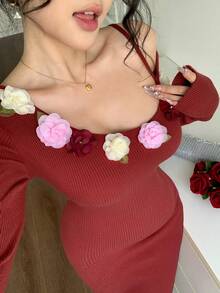 DAZY Váy đuôi cá ôm sát đính hoa thanh lịch dành cho nữ, phù hợp cho năm mới, Giáng sinh, đám cưới, tiệc tùng, váy dạ hội, mùa thu/đông/xuân - Đỏ - Xem 5