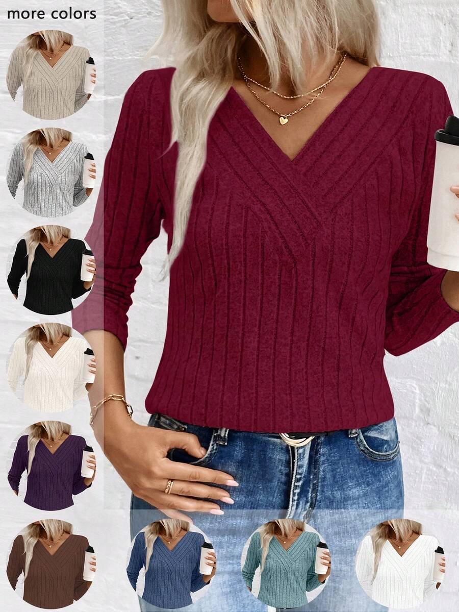 EMERY ROSE LUNE V-Neck Brushed Ribbed Women Top, New Cross-Border Trading Autumn/Winter Collection Fall Cloth For Women - Burgundy - View 1
