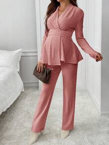 SHEIN Bộ 2 món áo và quần trơn màu thanh lịch cho bà bầu - Màu Hồng baby - Xem 6