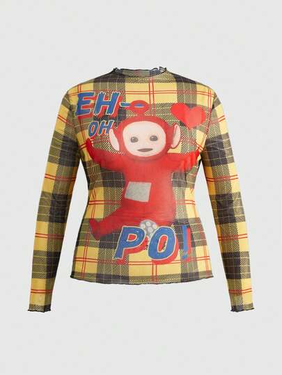 Teletubbies X ROMWE Plus Size Plaid Cartoon Pattern Long Sleeve Mesh Top, Autumn