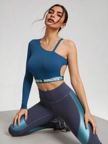 Innovista Women Letter Tape Hollow Out Short Casual Versatile Fitness Long Sleeve Oblique Shoulder Sports T-Shirt Tank Top Woman Buttery Soft Sports Shirts Crop Gym Top With Breathable Mesh Backless Yoga Pilates Ribbon Elements Athleisure Workout Patchwork Clothes Fall Top Moisture Wicking Daily Sexy Athletic HIIT Training Comfort Movement Running Cycling Cross Fit Tennis Golf Match Utilitarian Chic, Fall Winter Athletic Wear - Green - View 1