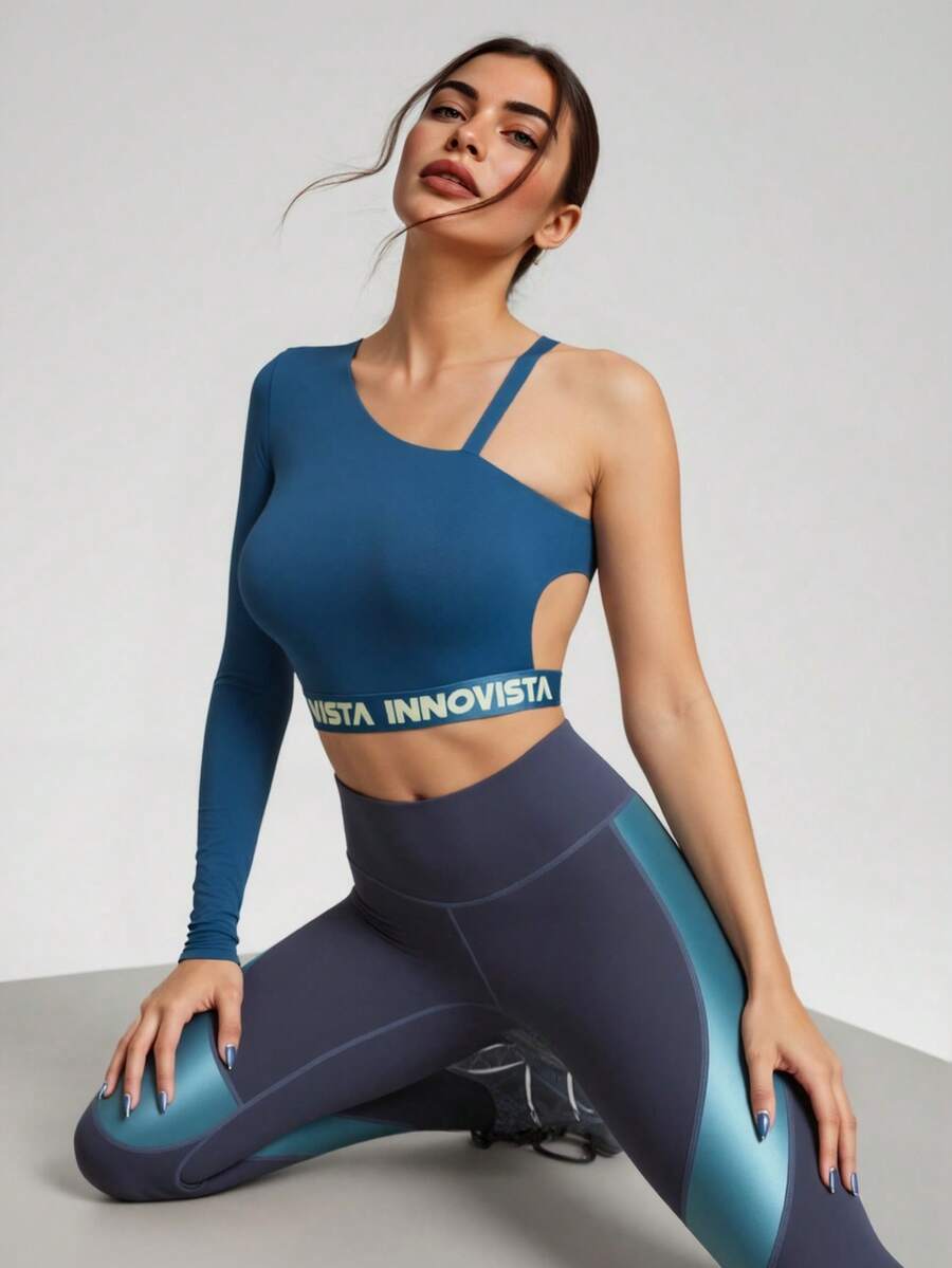 Innovista Women Letter Tape Hollow Out Short Casual Versatile Fitness Long Sleeve Oblique Shoulder Sports T-Shirt Tank Top Woman Buttery Soft Sports Shirts Crop Gym Top With Breathable Mesh Backless Yoga Pilates Ribbon Elements Athleisure Workout Patchwork Clothes Fall Top Moisture Wicking Daily Sexy Athletic HIIT Training Comfort Movement Running Cycling Cross Fit Tennis Golf Match Utilitarian Chic, Fall Winter Athletic Wear - Green - View 1