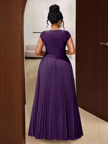 Maweii Plus Size Women Elegant Solid Color Pleated Round Neck Sleeveless Dress - Purple - View 2