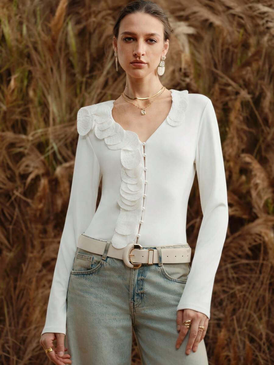 SHEIN LUNE Women's Slim Fit Top With Hand-Stitched 3D Floral V-Neck Design For Everyday Wear And Commuting White Top Elegant Top For Women - White - View 1