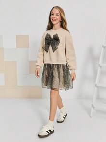 SHEIN Serisse Kids 少女3D豹纹蝴蝶结装饰圆领长袖卫衣裙，搭配全豹纹网纱下摆，适合秋冬季日常穿着 - 杏色 - 查看 8