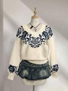 Elamini 女式复古休闲百搭V领提花针织毛衣 - 彩色 - 查看 4