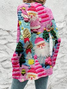 SHEIN LUNE Cárdigan de mujer casual y acogedor para uso diario y de commute, con estampado de Papá Noel y textura de piel sintética en rosa, verde y azul, de corte holgado y de manga larga con bolsillos, cómodo para otoño/invierno
