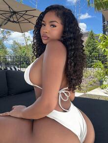 Alexandranx Bộ bikini dây buộc cổ màu trơn dành cho nữ Bộ bikini gợi cảm đi biển mùa hè - trắng - Xem 2