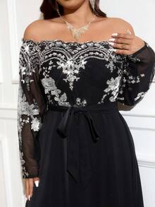 Gownix Plus Size Elegant Party Sequin Patchwork Off-Shoulder Dress/Christmas Dress - Silver - View 6