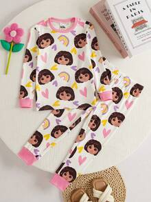 DORA | SHEIN 2 pièces/Set Haut à manches longues col rond avec figure de dessin animé mignonne pour jeune fille et legging en tricot. Ensemble de pyjama confortable et extensible - Blanc - Voir 1