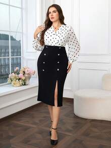 Ellevyn 大码优雅浪漫波尔卡圆点印花长袖连衣裙 - 黑與白 - 查看 5