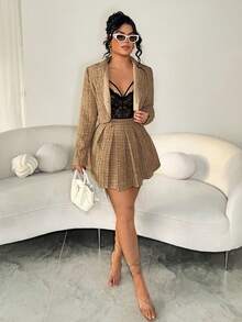 SHEIN SXY 女士优雅通勤夹克和百褶裙套装 - 棕色 - 查看 6
