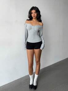 SHEIN MOOSTA Women's V-Neck Long Sleeve Top, Suitable For Spring, Autumn And Winter - Grey - View 7