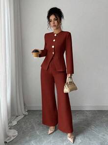 Rafferiza 女士优雅通勤两件套长袖 - 紅色 - 查看 5