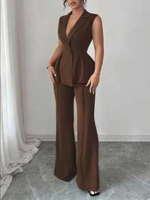 SHEIN Elenzya Bộ vest nữ thanh lịch lãng mạn cổ bẻ không tay cỡ lớn - Cà phê nâu - Xem 6
