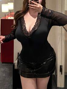 Flirla Plus Size Solid Color Sexy Deep V-Neck Lace Patchwork Long Sleeve T-Shirt #ModestFashion - Black - View 1