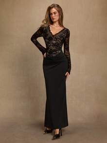 SHEIN BAE Váy len dệt kim chắp vá cổ chữ V tay loe ren hoa màu đen thanh lịch dành cho nữ, trang phục dự tiệc cưới, Halloween, Giáng sinh - màu đen - Xem 7