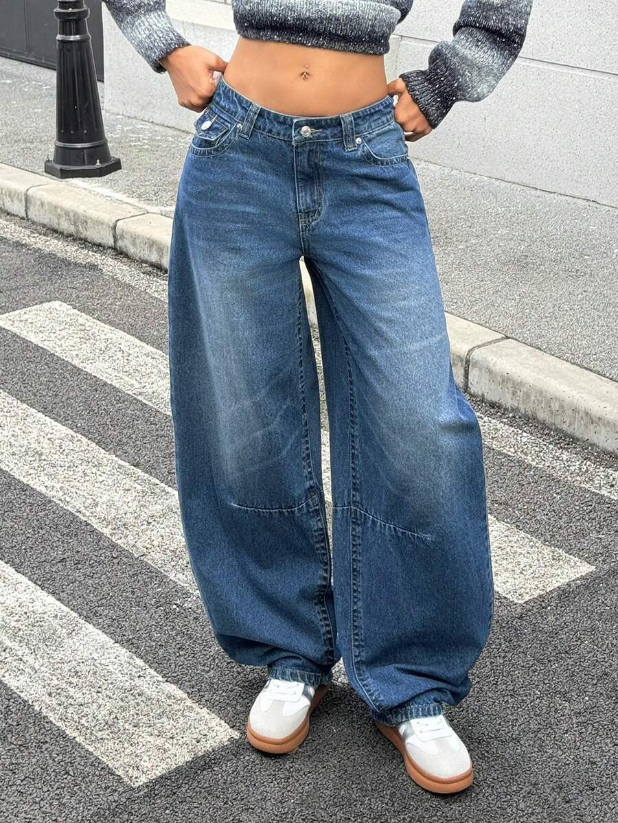 Jeanoix Quần jeans ống rộng cạp thấp, giặt thường ngày Y2K - Rửa trung bình - Xem 1