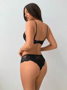 Aloruh Conjunto de lencería sexy con tirantes de espagueti de encaje y lazo de unicolor - Negro - Ver 3