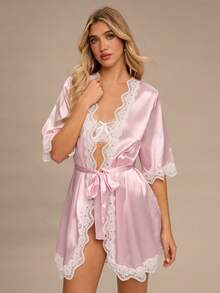 Enchnt Lace Patchwork Women's Robe Luxe Loungewear, Fall, Winter - Baby Pink - View 6