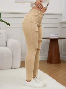 SHEIN EZwear Black Slant Pocket Ripped Skinny Jeans