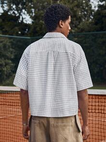 SWAVVY 男士刺绣格子纽扣短袖休闲衬衫 - 黑與白 - 查看 2