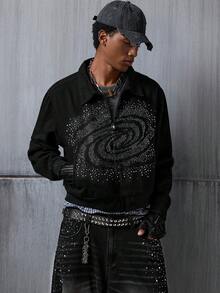 NEON BLANC 男士拉链休闲银河水钻装饰长袖夹克 - 黑色 - 查看 4