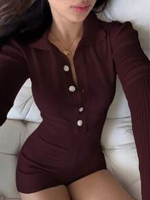 Flirla Tuta a maniche lunghe in maglia tinta unita minimalista da donna, adatta per uso quotidiano