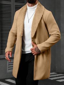 Manfinity CasualCool Men's Solid Color Pocket & Button Front Long Sleeve Overcoat,Autumn Fall Camo Smart Casual Party Beige Coat For Friends Husband Boyfriend - Khaki - View 5