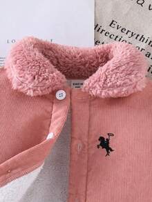 SHEIN Explorewe 少女骑士图案仿毛领长袖休闲羊毛夹克，秋冬 - 藕粉色 - 查看 3