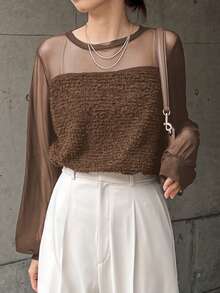 FRIFUL 女式纯色简约透视拼接长袖上衣，日常穿着 - 棕色 - 查看 4