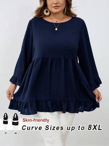 SHEIN CURVE+ Kemeja Pullover Ukuran Besar Warna Polos dengan Hem Berkerut, Cocok untuk Acara Santai, Pakaian Musim Gugur untuk Wanita, Musim Dingin, CURVE PLUS - Navy Blue - View 10
