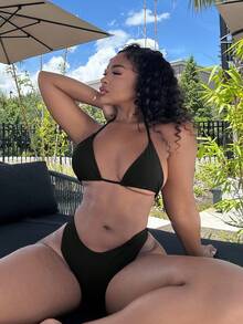 Alexandranx V-Neck Halter Bikini Set, Two Pieces Swimwear Bathing Suit Beach Outfit Summer Vacation,Summer Beach - Black - View 4