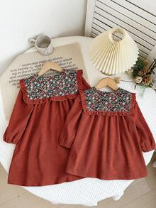 LMoss Kids Baby Girl Woven Patchwork Floral Peter Pan Collar Casual Dress