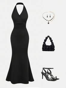 Girlism 少女黑色提花针织露背交叉腰鱼尾裙 - 黑色 - 查看 3